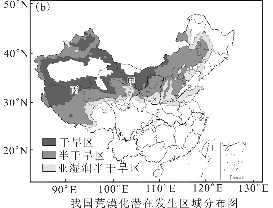 土地荒漠化是影响人类生存和发展的全球性重大生态问题,我国也是世界上荒漠化最严重的国家之一 材料:内蒙古荒漠化潜在发生区域分布广泛,当地近年来大力开展生态恢复荒漠化治理,大有成效,植被碳储量大幅上升。注:碳储量指一个碳库(森林、海洋、土地等)中碳的数量。
