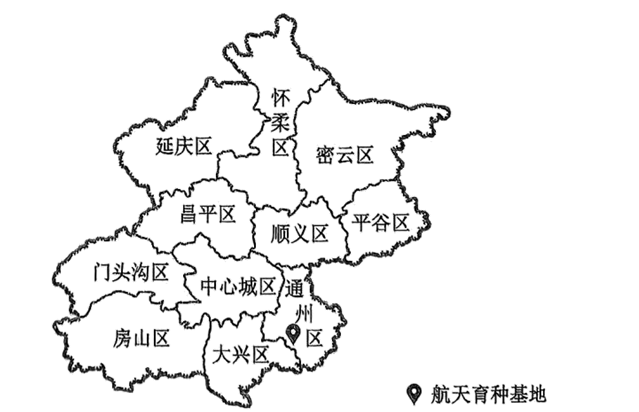 走进北京通州航天育种基地,色泽鲜艳的“太空樱桃”“太空番茄”引人注目,形态各异的“太空南瓜”“太空辣椒”令人大开眼界。基地依托种业科技园区,与众多企业共同构建了“育-繁-推”一体化的现代育种产业链,不仅把高品质的粮食、果蔬端上了百姓餐桌,更攻克了一批种源“卡脖子”技术,有力保障了国家粮食安全。下图示意该基地在北京市的位置。据此完成下面小题。