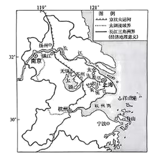 历史上,太湖流域是长江三角洲地区的核心区,有众多不同等级的城镇,因货物中转所需,核心区的边缘发展出门户城市,下图示意长江三角洲地区,下表为长江三角洲地区部分城镇的演化过程。完成下面小题。
