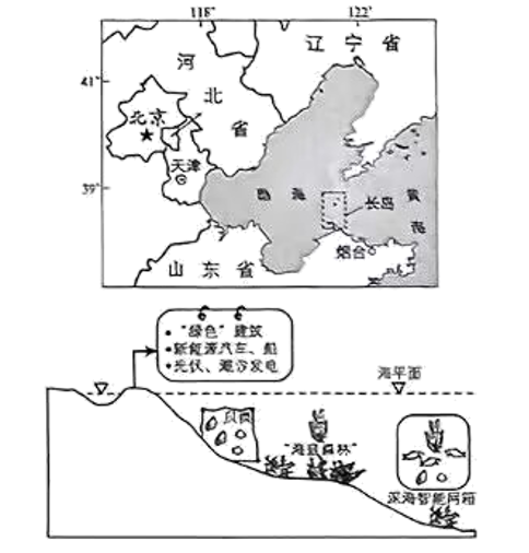 长岛又称庙岛群岛,位于黄渤海交汇处、由南北长山岛、大小黑山岛等151个岛屿组成,岛陆面积59km2。长岛地处鸟类迁徙大通道,森林覆盖率达60%、生态渔业和生态旅游是其主导产业。2021年,山东省烟台市率先提出打造“长岛国际零碳岛”。近年来,长岛在“蓝色粮仓”建设、绿能开发、低碳旅游项目开发等方面,取得了诸多成就。建设国际零碳岛,将使长岛成为我国输出低碳发展成果,推广应用零碳技术的“示范窗口”。下图示意长岛位置及其增加碳汇、减少碳排的途径。