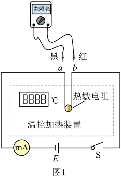 (1)某学习小组把热敏电阻置于带有温控的加热装置中,利用图1所示电路研究热敏电阻的温度特性。