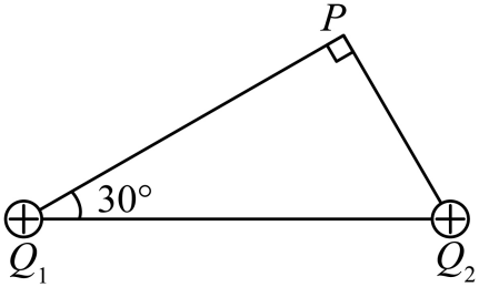 11、两个点电荷$Q_{\mathrm{1}}$与$Q_{\mathrm{2}}$静立于竖直平面上,于P点放置一检验电荷恰好处于静止状态,$PQ_{\mathrm{1}}$与$Q_{\mathrm{1}}Q_{\mathrm{2}}$夹角为30°,$PQ_{\mathrm{1}}$⊥$PQ_{\mathrm{2}}$,则$Q_{\mathrm{1}}$与$Q_{\mathrm{2}}$电量之比为___________ ,在$PQ_{\mathrm{1}}$连线上是否存在其它点能让同一检验电荷维持平衡状态___________ (存在,不存在)。